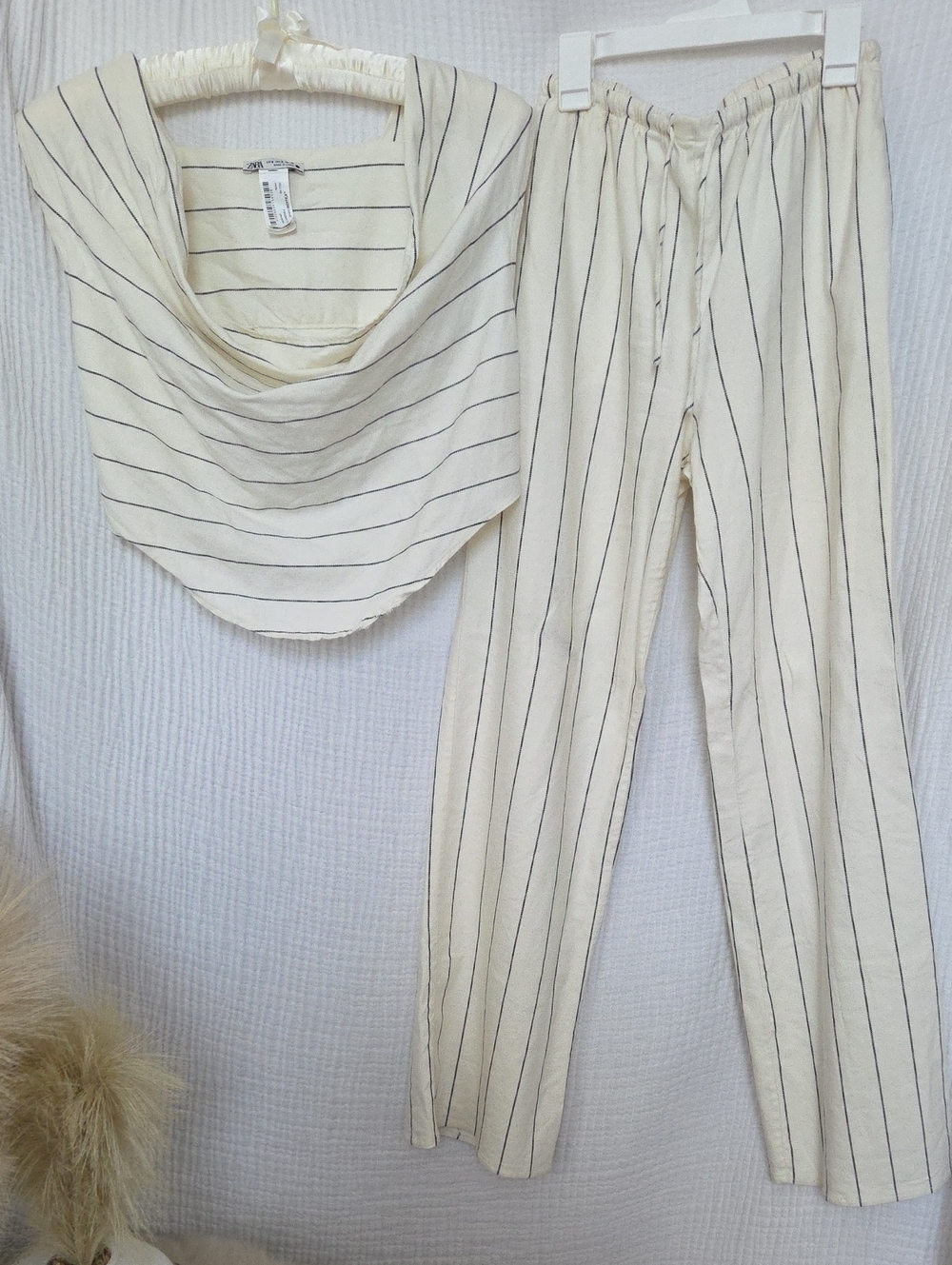 Zara Striped Cream And Navy Blue Cropped Cowl Neck Shirt And Pant Set